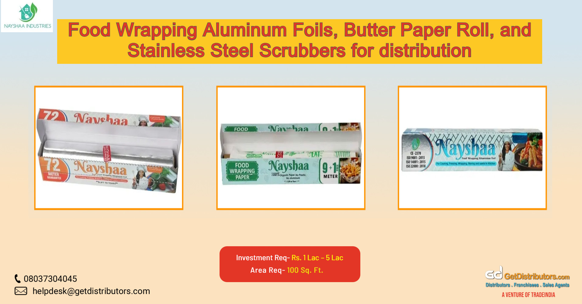 Food Wrapping Aluminum Foils, Butter Paper Roll, and Stainless Steel Scrubbers for distribution